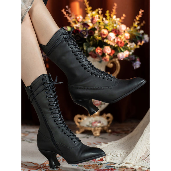 Victorian Pointed Toe Lace Up Boots - Black