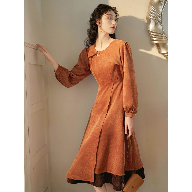 Orange Brown Corduroy Retro Dress