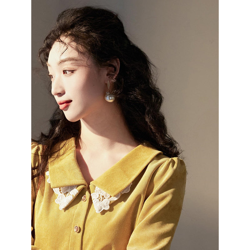 Yellow Floral Embroidered Corduroy Blouse