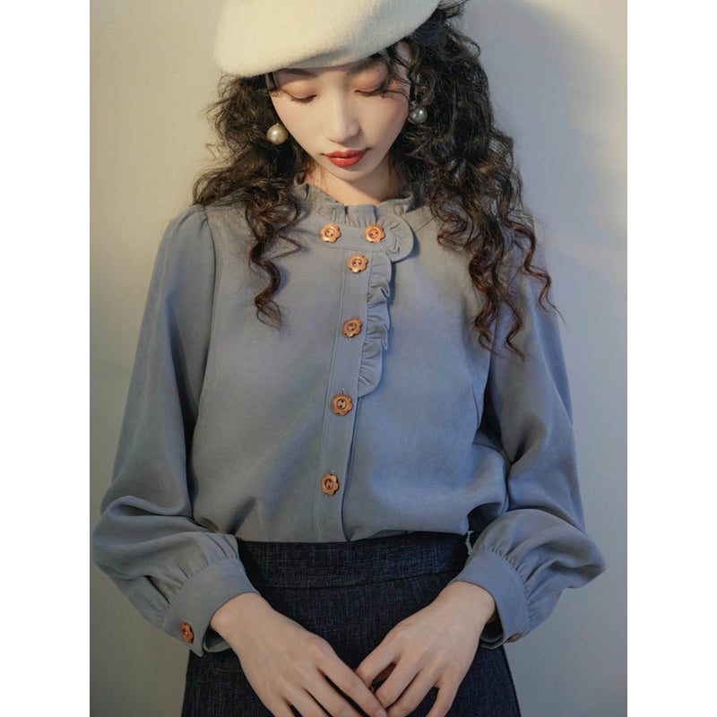 Gray Blue Ruffled Retro Blouse