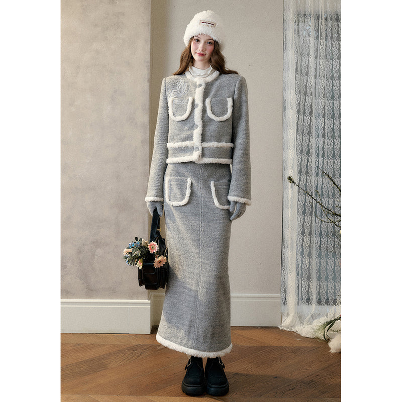 Butterfly Embroidered Wool Jacket and Long Skirt