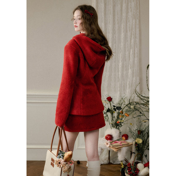 Bright Red Hooded Jacket and Short Skirt