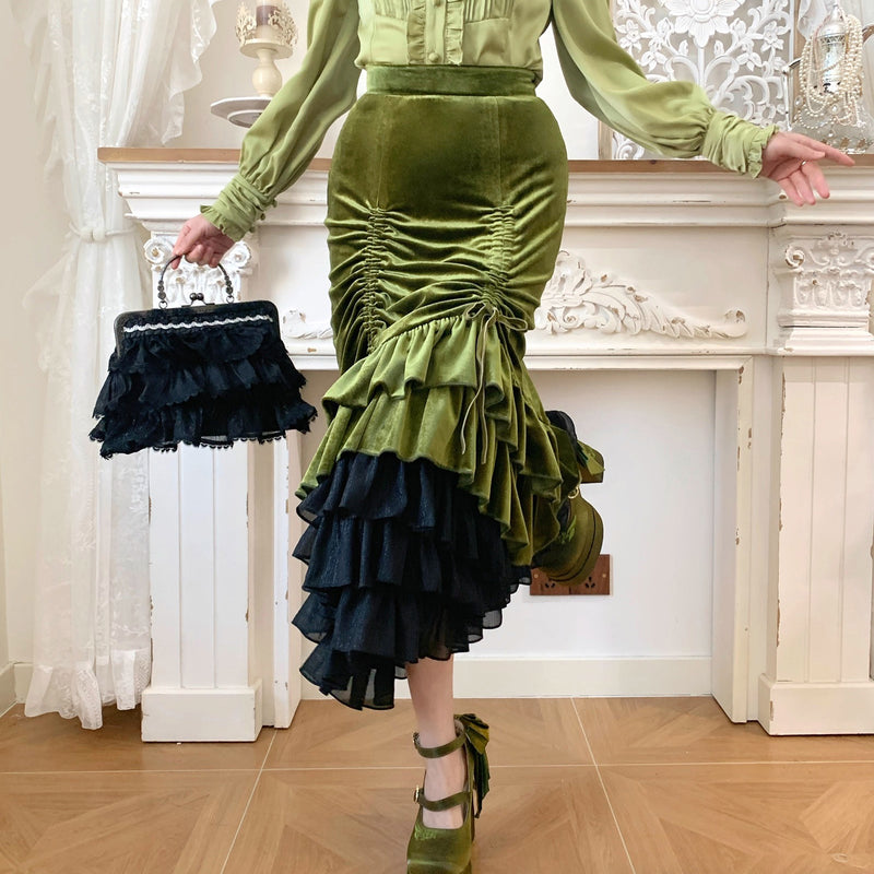 西洋貴族のベルベットマーメイドスカート - Citron Green[2026年2月下旬-3月下旬発送予定]