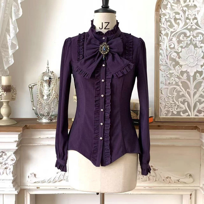 西洋令嬢の縦縞クラシカルブラウス - Purple[2026年1月上旬-1月下旬発送予定]