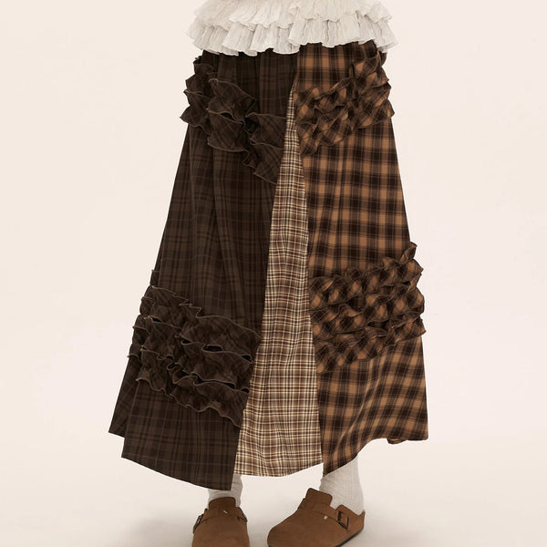 Brown Check Layered Long Skirt