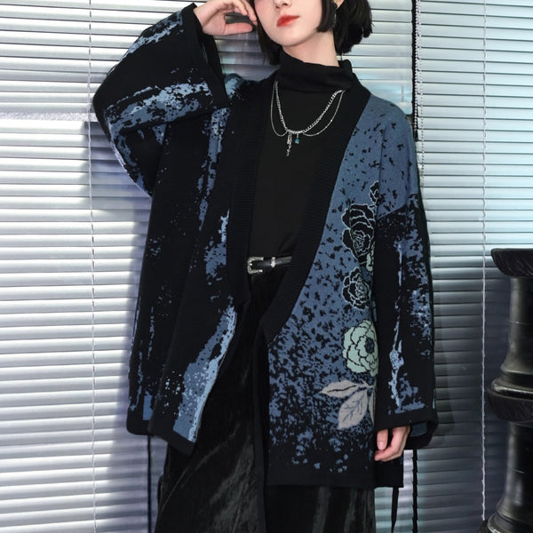 椿の花の刺繍アシンメトリーカーディガン