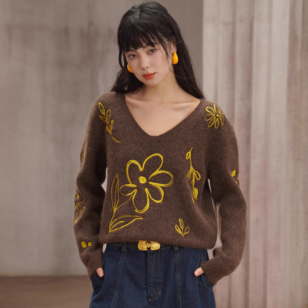 植物の刺繍ニットセーター