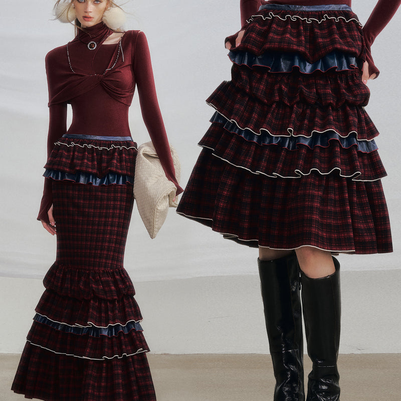 Wine Red Docking Plaid Tiered Skirt