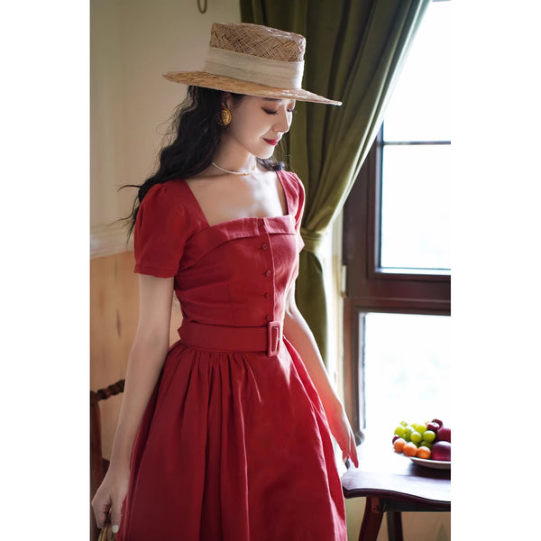 紅赤の貴婦人ヘップバーンワンピース