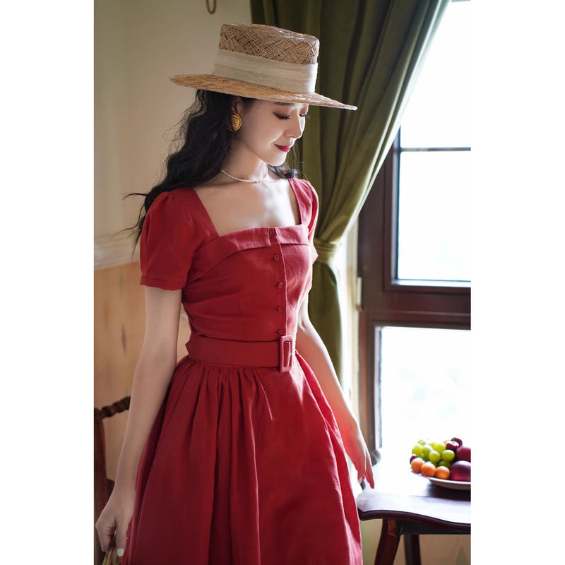 紅赤の貴婦人ヘップバーンワンピース