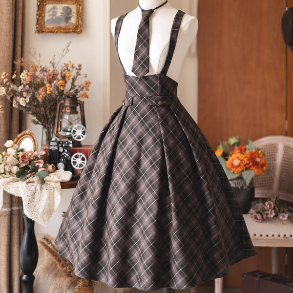英国のお嬢様のクラシカルジャンパースカート - Olive Gray Checked[2025年12月中旬発送予定]