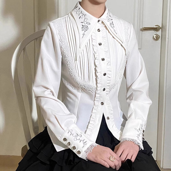 薔薇刺繍の編み上げブラウス - White[2026年3月上旬-3月下旬発送予定]