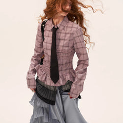 Gray-pink Checkered Ruffle Blouse