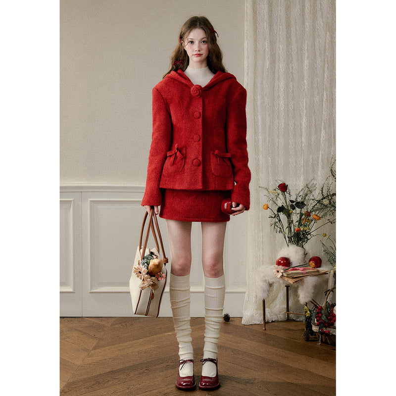 Bright Red Hooded Jacket and Short Skirt