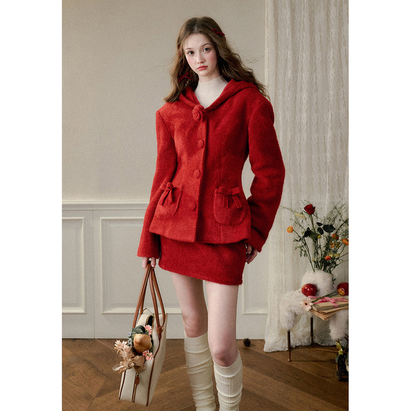 Bright Red Hooded Jacket and Short Skirt