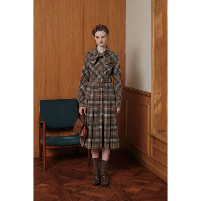 Brown Plaid Wool Coat Dress