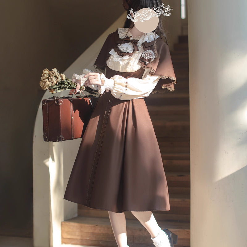 英国令嬢のクラシカルドッキングワンピースとケープ - Brown