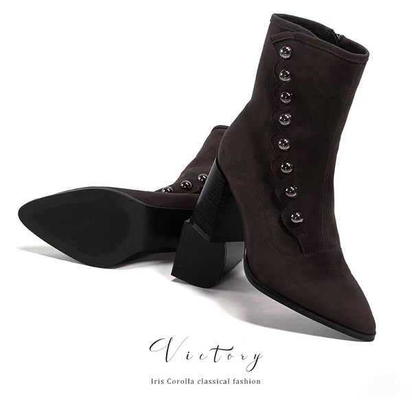 Victorian Pointed Toe Buttoned Short Boots - Dark Brown[2024年11月下旬-12月中旬発送予定]