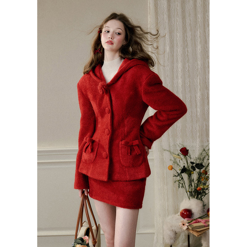 Bright Red Hooded Jacket and Short Skirt