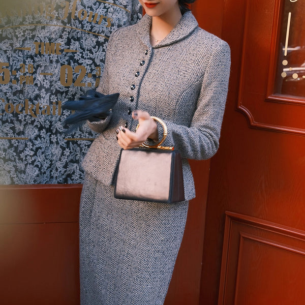 銀幕の貴婦人のツイードジャケットとペンシルスカート - Dark Gray