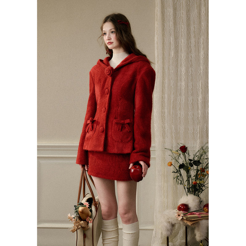 Bright Red Hooded Jacket and Short Skirt