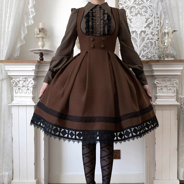 西洋令嬢の編み上げジャンパースカート - Dark Brown[2026年3月上旬-3月下旬発送予定]