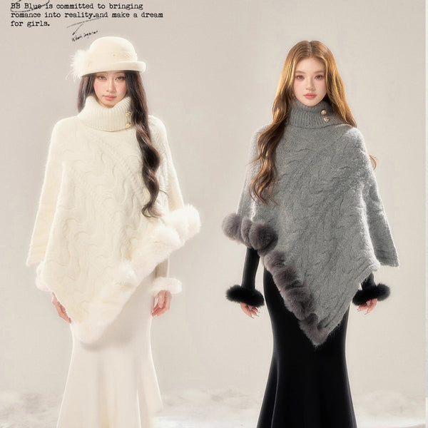 High-neck Knit Shawl Cape