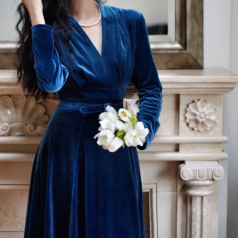 紺藍色の貴婦人ベルベットワンピース