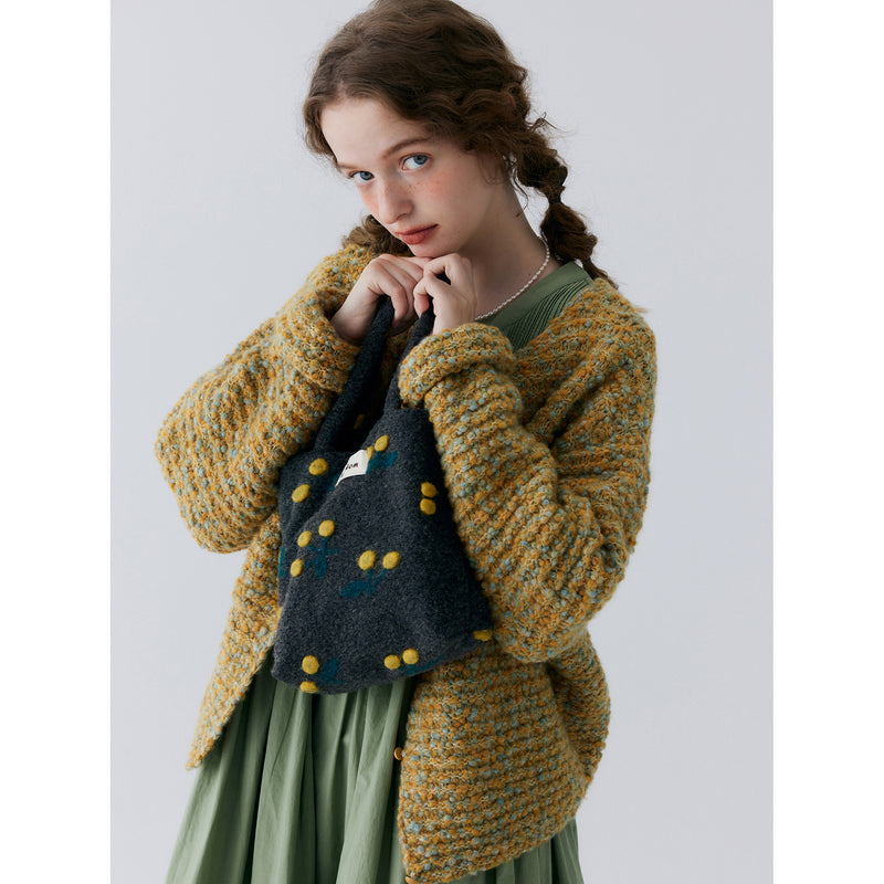 Gold Green Wool Knit Cardigan