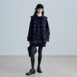 Dark Navy Check Preppy Wool Coat