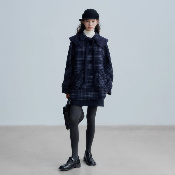 Dark Navy Check Preppy Wool Coat