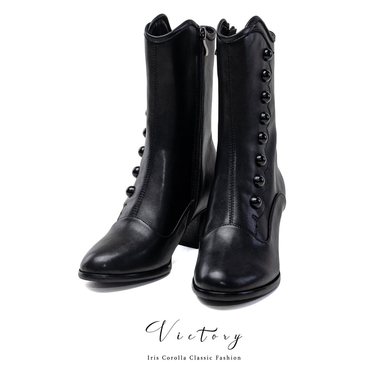 Victorian Round Toe Buttoned Short Boots - Black[2025年11月上旬-11月下旬発送予定]