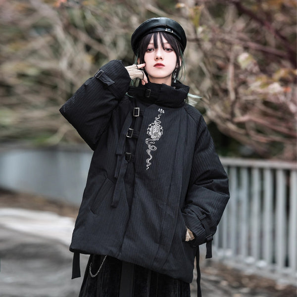 龍と牡丹の刺繍ダウンジャケット