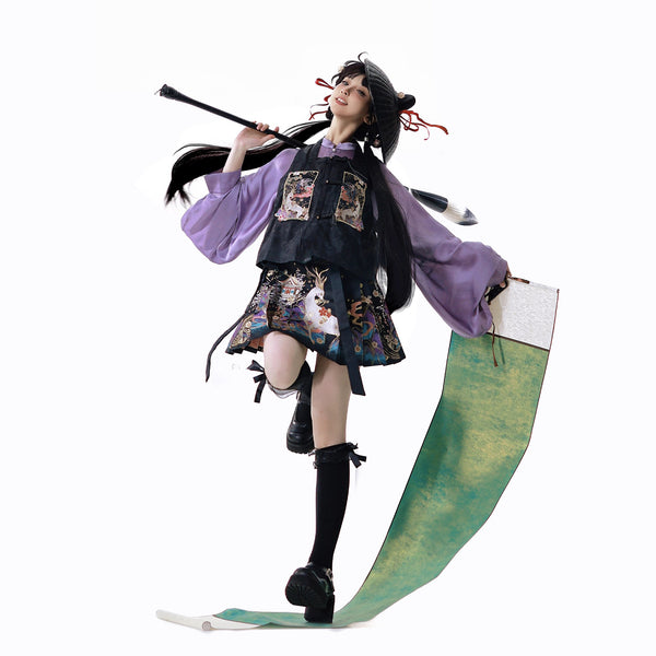 神話の鹿の刺繍プリーツスカートとトップスとベスト