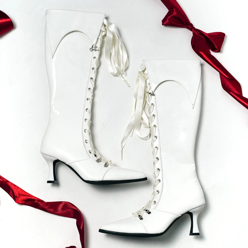 貴族令嬢の編み上げゴシックロングブーツ - White[2026年3月上旬-3月下旬発送予定]