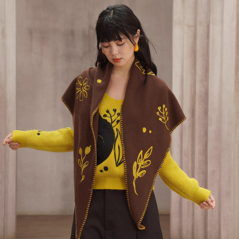 植物の刺繍ウールマフラー