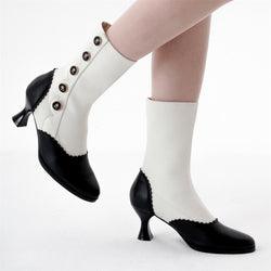 Victorian Heel Button Short Boots - Black White[2024年12月上旬-12月下旬発送予定]