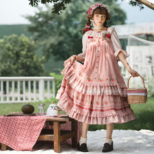 いちご摘みの刺繍トップスとスカートとブラウス - Pink[2026年2月上旬-3月上旬発送予定]