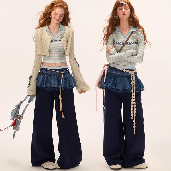 Star Pattern Ruffle Waist Wide Pants