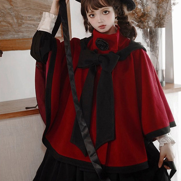物語のお嬢様のケープコートとリボンフード - Wine Red[2025年12月上旬-2026年1月上旬発送予定]