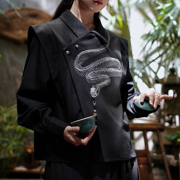蛇骨の刺繍アシンメトリートップス - Black