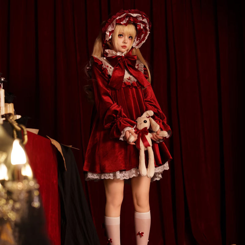 Candle Doll ロリータ ワンピース・ボンネット フルセット 赤 西洋人形のドールワンピース - Red[2026年3月中旬-4月中旬発送予定