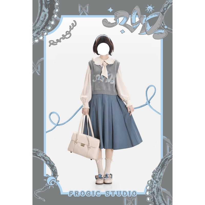 Gray and Light Blue Vest and Skirt with a Ribbon Pattern[2025年2月下旬-3月中旬発送予定]