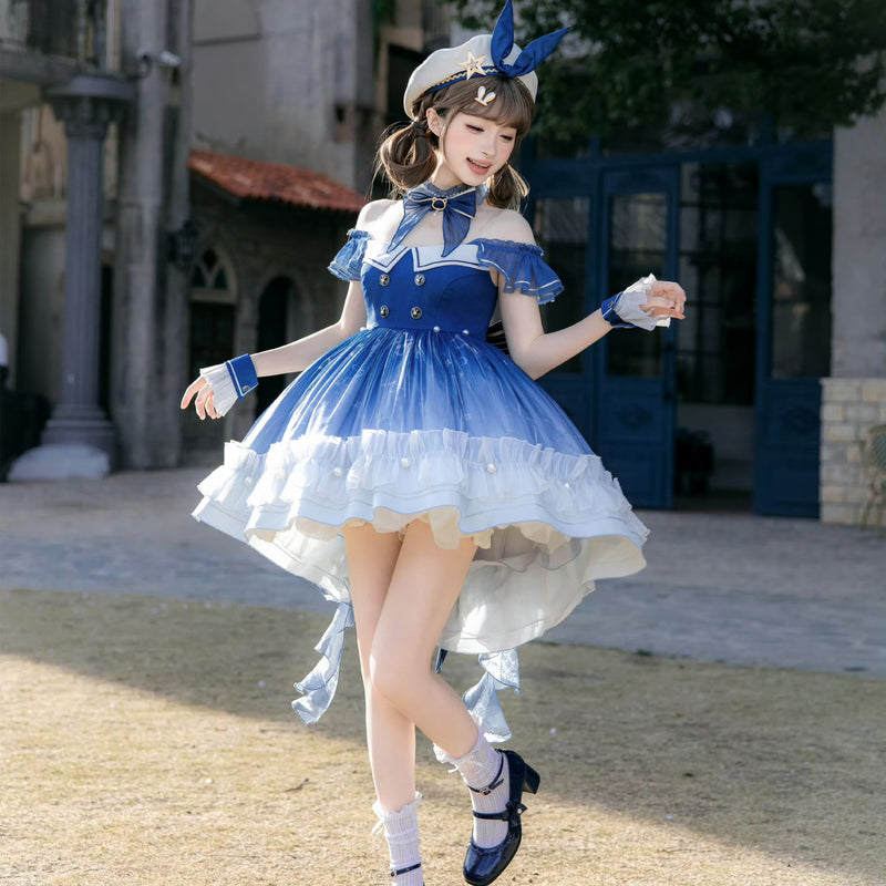 ジャンパースカートセット　ブルー 紺青の銀河の刺繍ジャンパースカート[2026年5月下旬-6月下旬発送予定