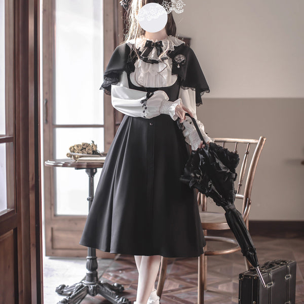 英国令嬢のクラシカルドッキングワンピースとケープ - Black