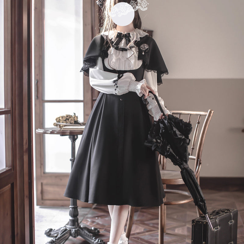 英国令嬢のクラシカルドッキングワンピースとケープ - Black