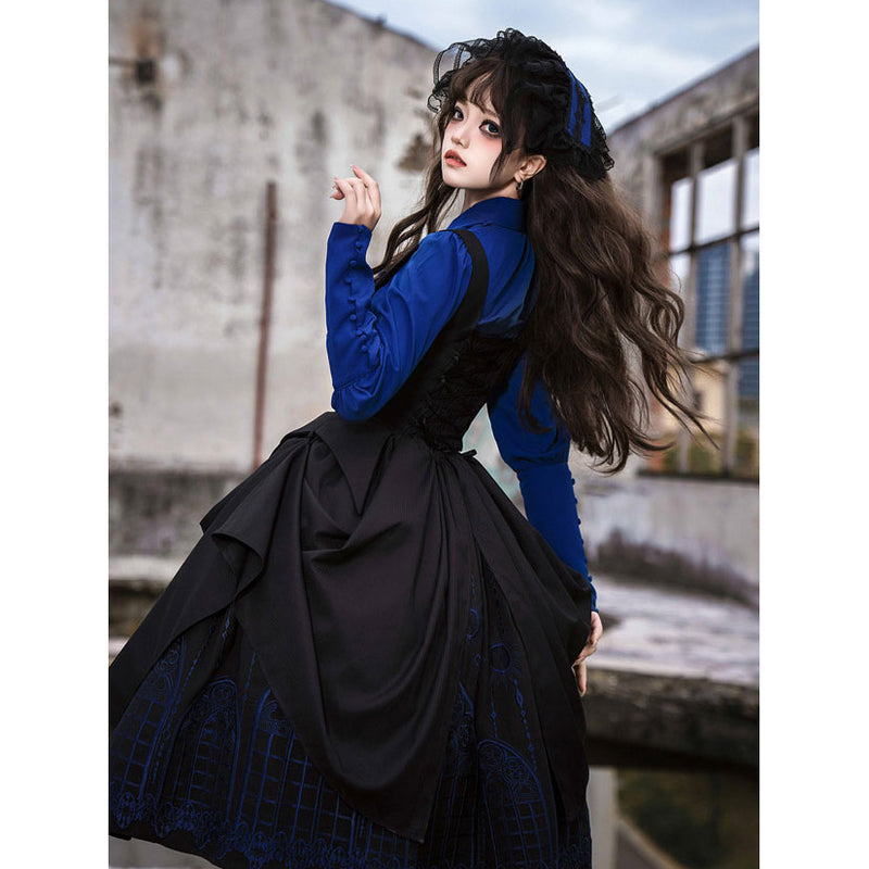 修道女の刺繍ジャンパースカート - Black × Blue[2025年3月下旬-5月上旬発送予定]