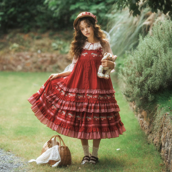 いちご摘みの刺繍トップスとスカートとブラウス - Red[2026年2月上旬-3月上旬発送予定]