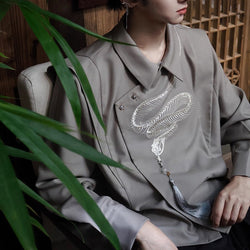 蛇骨の刺繍アシンメトリートップス - Gray