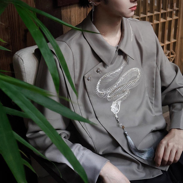 蛇骨の刺繍アシンメトリートップス - Gray